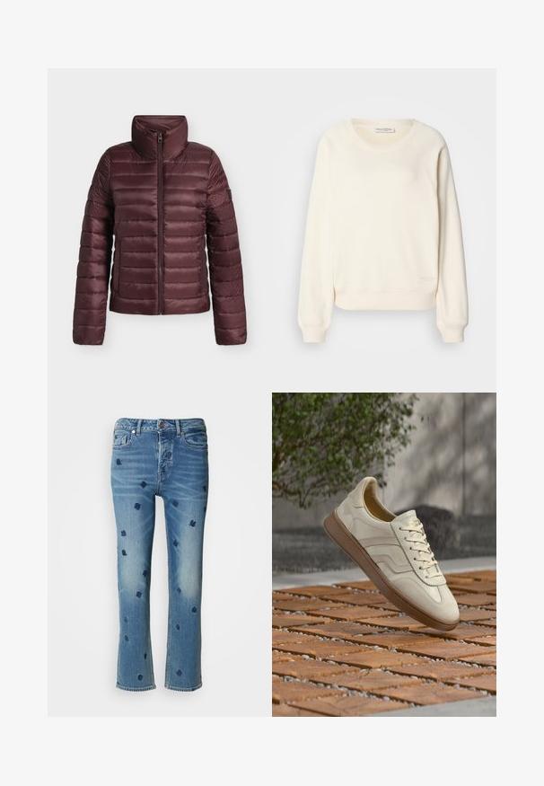 Doudoune matelassée marron avec col haut et fermeture éclair frontale, conçue pour la chaleur et un confort léger.; Sweat-shirt de couleur crème en tissu doux, avec manches raglan, poignets et ourlet côtelés, et un logo subtil au bas.; Jean en denim bleu clair avec une coupe droite, ornés de broderies florales navy et d'effets de délavage près des poches et de l'ourlet.; Baskets couleur crème avec une semelle extérieure en caoutchouc beige texturée, un design à lacets et un marquage subtil sur le côté. Tige en cuir lisse.