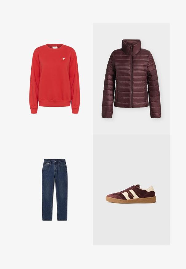 Doudoune matelassée marron avec col haut et fermeture éclair frontale, conçue pour la chaleur et un confort léger.; Sweatshirt rouge en tissu doux, avec un col rond, des manches longues et un petit logo en forme de cœur blanc sur la poitrine.; Jean denim bleu foncé droit avec bouton et fermeture éclair devant, passants pour ceinture, et poches avant et arrière sur fond blanc.; Baskets en velours côtelé bordeaux avec des rayures et des accents blanc cassé, tige texturée, semelle en caoutchouc et lettrage doré pour le détail de la marque.