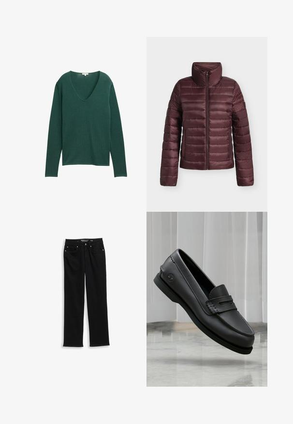 Mørkerød quiltet dunjakke med høj krave og frontlynlås, designet til varme og let komfort.; Grøn, langærmet sweater med en dyb V-udskæring, lavet af blødt stof. Har en afslappet pasform og en subtil, glat tekstur.; Sorte denimjeans med lige ben, der har knappelukning, fem lommer og diskrete syninger langs sømmene.; Sort læderloafer med syninger og logo på siden, vist svævende over en marmorgulv mod en lys gardinbaggrund.