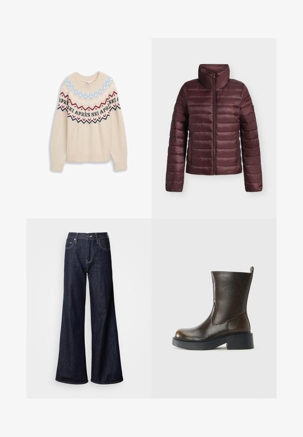 Doudoune matelassée marron avec col haut et fermeture éclair frontale, conçue pour la chaleur et un confort léger.; Pull en tricot beige à manches longues. Présente un motif en blocs de couleur bleu, rouge et noir avec le texte "APRÈS SKI" autour de l'encolure.; Jean à jambes larges en denim foncé, présentant une taille haute, cinq poches, des coutures blanches contrastantes et une texture lisse.; Botte en cuir marron foncé jusqu'au mollet avec un bout rond, épaisse semelle noire, petit talon block, et une languette à l'arrière.