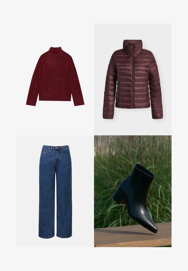 Mørkerød quiltet dunjakke med høj krave og frontlynlås, designet til varme og let komfort.; Bordeaux turtleneck trøje, strikket, med ribbede detaljer ved kraven og ærmerne, med en boxy form og blød tekstur.; Mørkeblå denim bukser med bred benvidde og høj talje, der har knaplukning, bæltestropper samt for- og baglommer. Glat tekstur.; Sort læderankelstøvle med spids tå og blokhæl, hvilende på træoverflade, høj grøn græs i baggrunden.