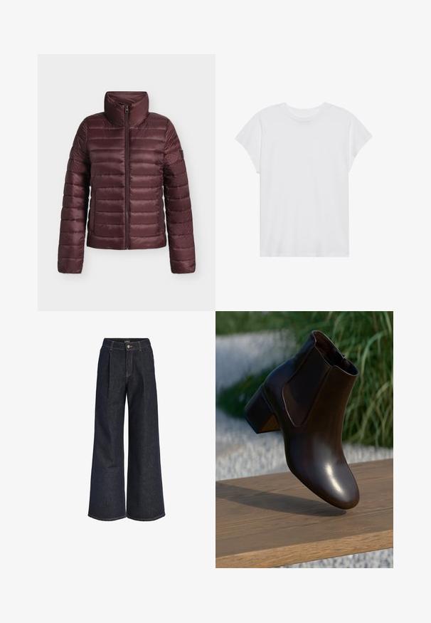 Chaqueta acolchada granate con cuello alto y cremallera frontal, diseñada para ofrecer calor y comodidad ligera.; Camiseta blanca de manga corta con cuello redondo, corte relajado, hecha de suave tela de algodón. Textura lisa, sin estampados ni logotipos.; Jeans de mezclilla de pierna ancha en azul oscuro con pliegues, cierre de botón y trabillas para cinturón, mostrados sobre un fondo blanco.; Botín de cuero marrón con punta redonda y un tacón bajo en bloque, que presenta paneles laterales elásticos y un acabado suave y brillante.