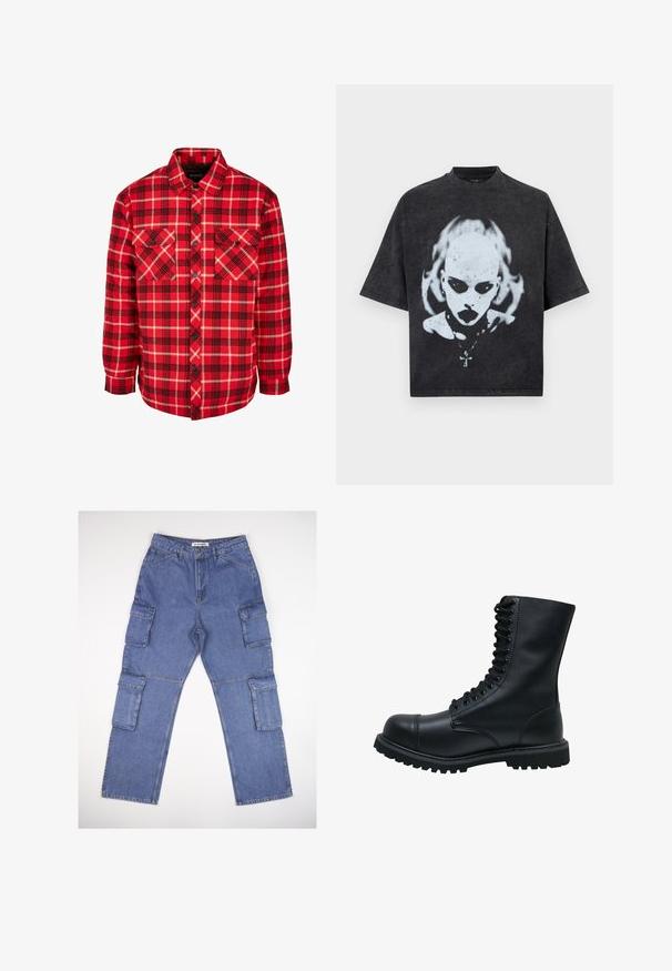 Rot-schwarzes karierte Flanellhemd mit zwei Brusttaschen, Knopfleiste, langen Ärmeln und einem strukturierten Kragen. Baumwollmischgewebe.; Schwarzes Oversized-T-Shirt mit einem weißen Motiv eines glatzköpfigen Menschen mit dunklen Augen, Lippenstift, Piercings und einer Halskette mit Kreuzanhänger.; Blaue Denim-Cargo-Hosen mit mehreren Seitentaschen, einem geraden Beindesign und einem klassischen Bund. Der Stoff hat eine leicht strukturierte Textur und ist leicht ausgebleicht.; Schwarze Leder Schnürstiefel mit runder Zehenkappe, hohem Schaft, dicker Gummisohle und texturierter Oberfläche. Enthält verstärkte Nähte entlang der Nähte.
