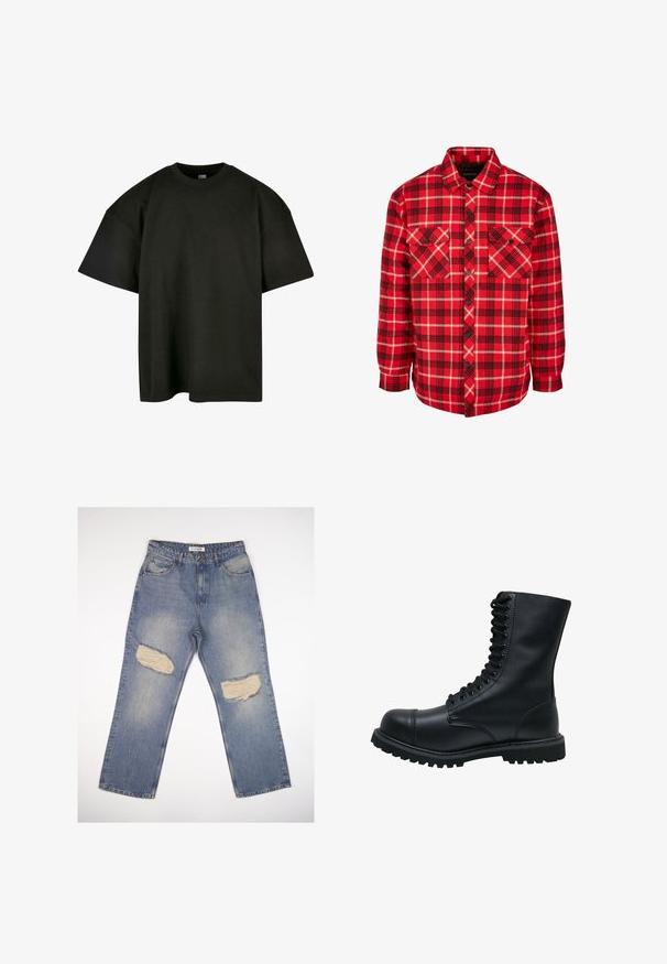 Camisa de franela de cuadros rojos y negros con dos bolsillos en el pecho, cierre de botones en el frente, mangas largas y cuello estructurado. Tela de mezcla de algodón.; Camiseta negra de corte oversized en suave algodón. Presenta un cuello redondo y mangas cortas, con una textura suave y un diseño minimalista.; Jeans de mezclilla azul claro con corte recto, que presentan dos grandes parches desgastados en las rodillas y un diseño estándar de cinco bolsillos.; Botín de cuero negro con cordones, punta redonda, caña alta, suela de goma gruesa y superficie texturizada. Presenta costuras reforzadas a lo largo de las uniones.