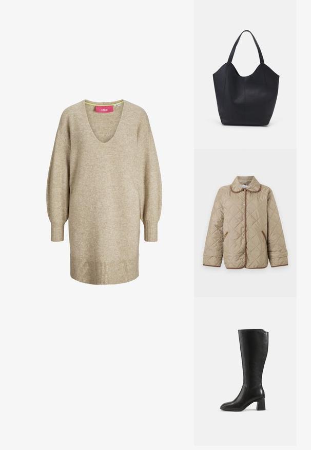 Beige doorgestikte jas met een bruine bies, voorzien van een ronde kraag, drukknoopsluiting en twee zijzakken. Zachte stof met een diamantpatroon.; Beige gebreide jurk met lange mouwen, V-hals en geribbelde manchetten en zoom, met een losse, comfortabele pasvorm.; Zwarte leren kniehoge laars met blokhak en afgeronde neus, zijaanzicht op een effen achtergrond.; Zwarte tote tas van glad leer, met een gebogen, open bovenkant en twee schouderbanden, en een minimalistisch ontwerp.
