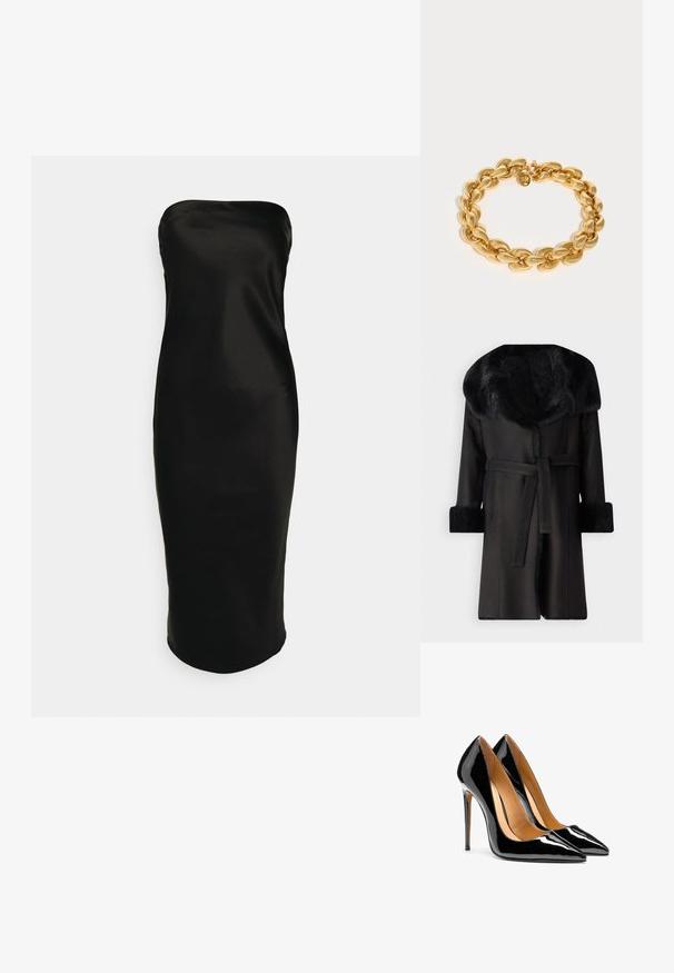 Musterniga mustal mantel laia faux fur kraega, tekstuurse mansetiga ja vöödiga taljes. Sile materjal, otse siluett ja avatud eesosa.; Gina Tricot TUBE MIDI DRESS - Kokteilikleit/peokleit - black; Mustad kõrge kontsaga kingad läikiva lakknahaga, terava ninaga jaõhukese kontsaga, sisemiselt beeži voodriga, valgel taustal.; Kuldne ketiga käevõru, millel on poleeritud ovaalsed lingid, kinnitatud luku ja väikese sildiga, millel on initsiaalid "HR".