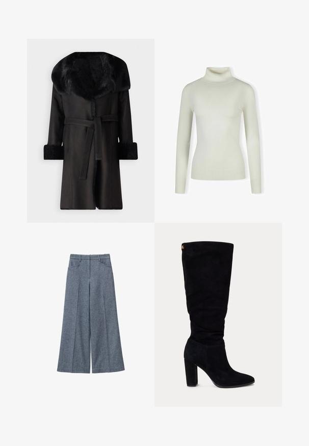 Sort frakke med bred krave i kunstpels, teksturerede manchetter og bælte i taljen. Glat materiale med en lige silhuet og åben front.; Lys cremefarvet sweater med rullekrave lavet af blødt, ribbet materiale; tætsiddende design med lange ærmer og tekstureret kant. Ingen mønstre eller detaljer.; Grå uldbukser med vid ben, der har en glat tekstur, høj talje, to sidelommer og diskrete plisseringer.; Sort ruskind knæhøj damesko med blokhæle og spids tå, med et lille gyldent logo tag tæt på øverste bagside.