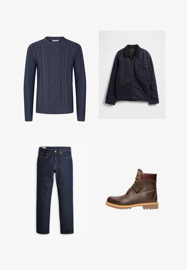 Mørkeblå denimjakke med lynlås foran, kordfløjls-krave, lange ærmer og en stor firkantet brystlomme på hvid baggrund.; Mørkeblå strikket sweater med teksturerede kabelmønstre, rund halsudskæring og ribbekanter ved ærmerne og nederste kant. Fremstillet af blødt og holdbart stof.; Mørkeblå denimjeans med lige skæring, prydet med fem lommer, synlige sømme og en klassisk knaplukning.; Brun læder ankelstøvle med rund tå, solid sål, hardware i guldtone og en tekstureret overdel. Inkluderer et logo-tagfæstet.