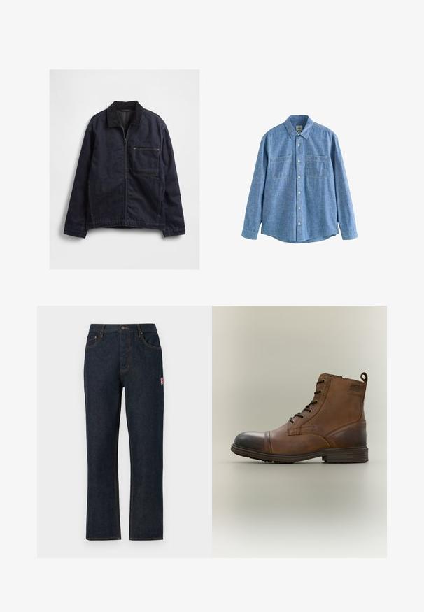 Donkerblauwe spijkerjas met ritssluiting aan de voorkant, corduroy kraag, lange mouwen en een groot vierkant borstzakje tegen een witte achtergrond.; Blauw chambray overhemd met lange mouwen, knoopsluiting aan de voorkant en twee borstzakken, plat gelegd op een witte achtergrond.; Donkerblauwe denim jeans met rechte pijpen, klassiek vijfzakkenontwerp, sluiting met bovenste knoop en contrasterende oranje stiksels. Rode logopatch aan de zijkant.; Bruine leren enkellaars met veters, zwarte neuskap, ronde zool en merkdetail aan de zijkant tegen een effen achtergrond.