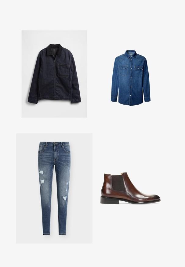 Mørkeblå denimjakke med lynlås foran, kordfløjls-krave, lange ærmer og en stor firkantet brystlomme på hvid baggrund.; Blå denimskjorte med knaplukning foran, spidse kraver, to brystlommer og kontrasterende syninger. Langærmet design.; Smaltsiddende blå denimjeans med slidte detaljer, flere revner og en falmet vask. Har fem-lomme-design og bæltestropper.; Brun læder ankelstøvle med elastiske sidepaneler, en glat overflade, stikninger og en lav rektangulær hæl.