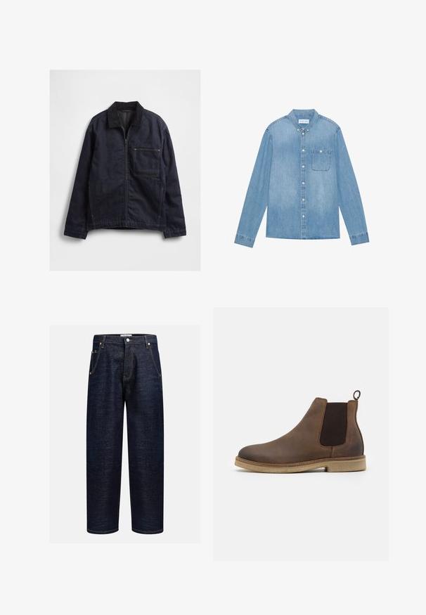 Veste en denim bleu foncé avec fermeture éclair à l'avant, col en velours côtelé, manches longues, et une grande poche carrée sur la poitrine, sur fond blanc.; Chemise en denim bleu clair à boutons, manches longues, col pointu, poche poitrine unique et décoloration subtile sur le tissu.; Jeans en denim foncé avec une coupe droite, dotés de cinq poches, de rivets en cuivre et de coutures contrastantes le long des coutures.; Botte Chelsea en cuir marron avec des panneaux latéraux élastiques, bout rond, tirette et semelle texturée beige clair.
