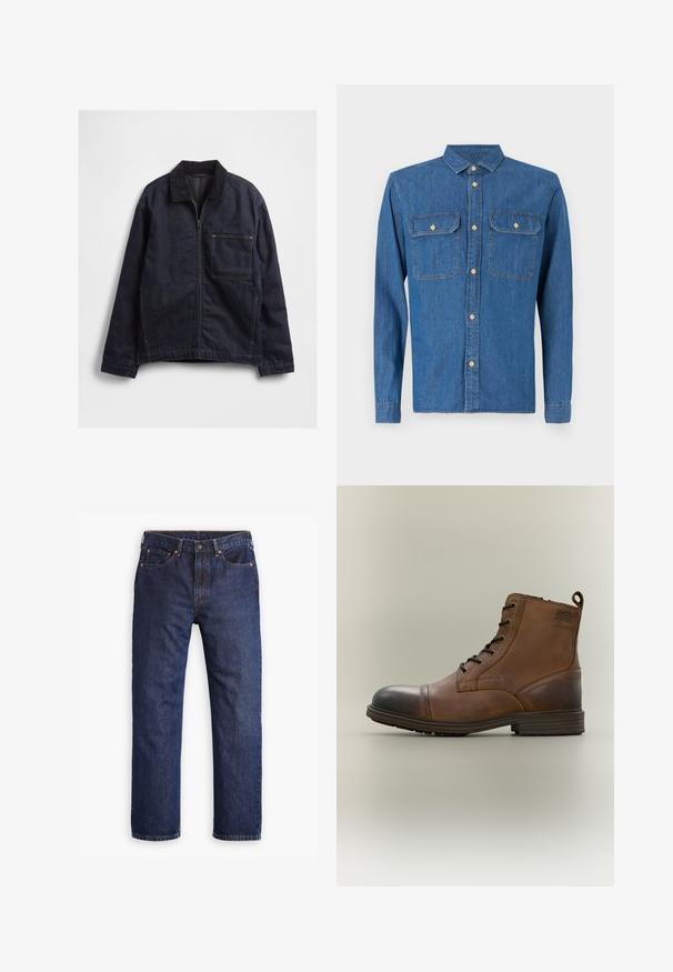 Mørkeblå denimjakke med lynlås foran, kordfløjls-krave, lange ærmer og en stor firkantet brystlomme på hvid baggrund.; Denim skjorte i mørkeblå, langærmet med knapmanchetter, spids krave, to brystlommer og frontknaplukning med guldfarvet hardware.; Mørkeblå straight-leg denim jeans med frontknap, lynlås, fem lommer og detaljer i kobbernitter.; Brun læderstøvle med snørebånd, sort tåhætte, rund sål og mærket detalje på siden mod ensfarvet baggrund.