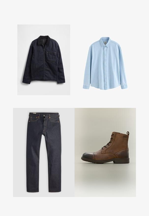 Donkerblauwe spijkerjas met ritssluiting aan de voorkant, corduroy kraag, lange mouwen en een groot vierkant borstzakje tegen een witte achtergrond.; Lichtblauw denim overhemd met lange mouwen, knopen en kraag, medium maat, weergegeven tegen een witte achtergrond.; Donkerblauwe spijkerbroek met een rechte pijp, voorzien van oranje stiksel en klassieke vijfzakkenstijl. Knop- en ritssluiting.; Bruine leren enkellaars met veters, zwarte neuskap, ronde zool en merkdetail aan de zijkant tegen een effen achtergrond.