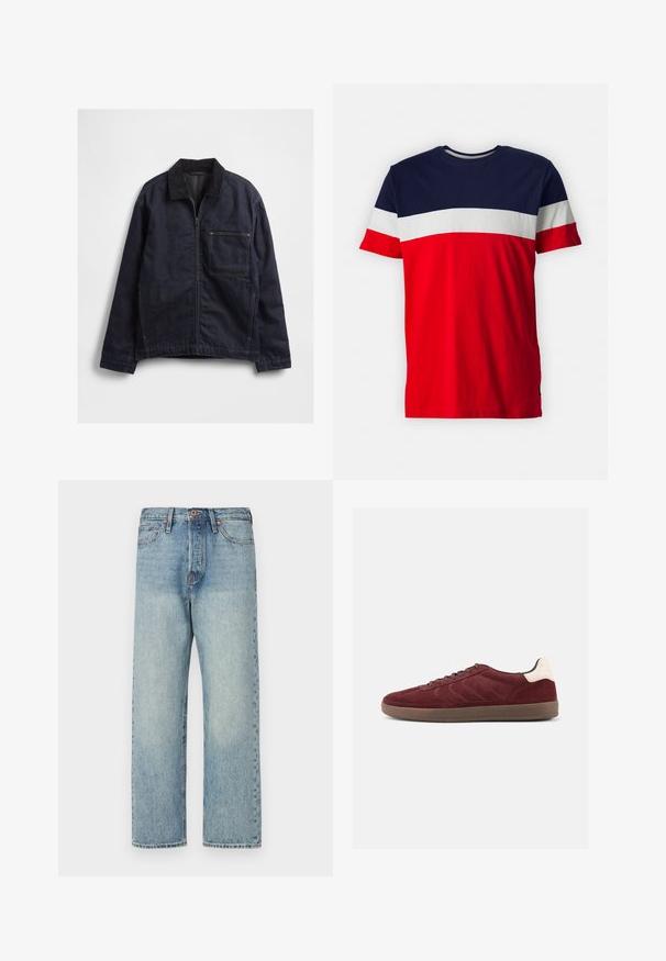 Mørkeblå denimjakke med lynlås foran, kordfløjls-krave, lange ærmer og en stor firkantet brystlomme på hvid baggrund.; Bomulds T-shirt med en marineblå øverste sektion, vandrette hvide og røde striber, korte ærmer og rund hals.; Lysblå denimjeans med lige ben-design, fem lommer og bronze hardware. Minimal falming med en ren finish.; Bordeaux ruskindsneaker med snørelukning foran, tekstureret sideudformning og lysfarvet hælaccents. Gummisål med glat finish.