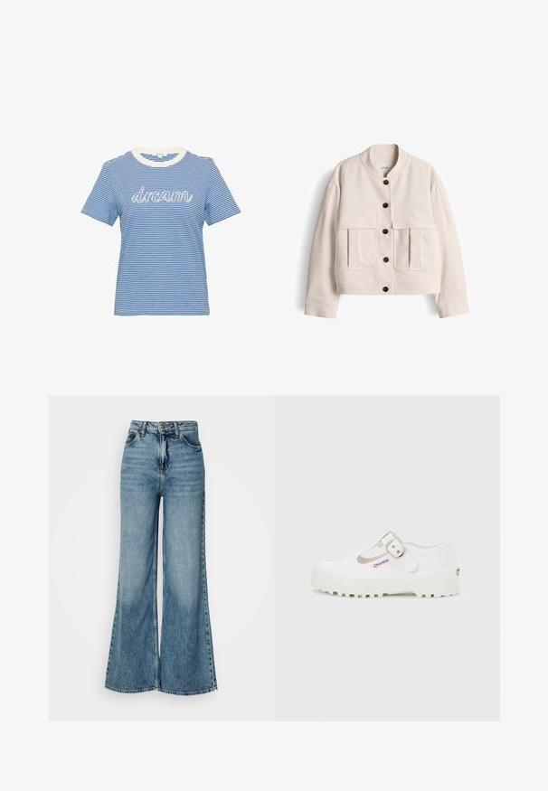 Beige bomberjack met ronde kraag, knoopsluiting aan de voorkant, twee grote klepzakken aan de voorkant en lange mouwen.; Blauw-witte gestreepte kortemouwen t-shirt met een witte geribbelde halslijn en de tekst "droom" in witte schrift op de voorkant.; Hooggewaisted, lichtblauwe wijdvallende denimjeans met voorzakken en knoopsluiting, weergegeven tegen een effen witte achtergrond.; Witte canvas Mary Jane-schoen met dikke profielzool en zilveren gesp, voorzien van een klein "Superga"-label aan de zijkant.