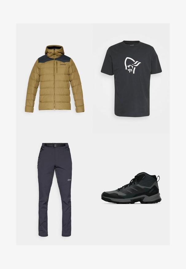 Polstret jakke i olivengrøn med en mørkeblå rygpanel. Den har hætte, frontlynlås og en brystlomme med et elegant design.; Sort bomulds t-shirt med et stort hvidt grafik af et stiliseret ansigt med et hovedbeklædning på fronten. Klassisk rund halsudskæring og korte ærmer.; Vandtætte bukser i mørkegrå farve, lavet af slidstærkt stof. Funktioner inkluderer et bælte, sidelommer og lynlåsede ankler.; Vandrestøvle med høj skaft, der kombinerer sorte og grå materialer, tekstureret overdel, gummisål og forstærket ankelstøtte.