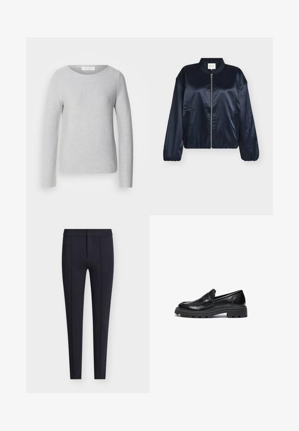 Veste bomber en satin bleu marine avec fermeture éclair, col côtelé, poignets élastiques et poches latérales. Texture lisse, coupe décontractée, sans motifs visibles.; Marc O'Polo LONGSLEEVE BOAT NECK - Pullover - soft stone melange; Pantalon bleu marine ajusté en tissu lisse, présentant une silhouette cintrée, des plis sur le devant et une braguette zippée cachée avec fermeture bouton.; Mocassins en cuir noir avec un bout arrondi, des détails de couture et une semelle en caoutchouc épaisse dotée d'un motif de traction texturé.