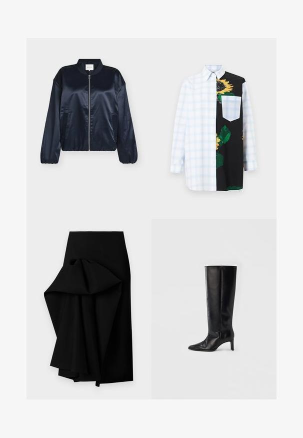 Veste bomber en satin bleu marine avec fermeture éclair, col côtelé, poignets élastiques et poches latérales. Texture lisse, coupe décontractée, sans motifs visibles.; Chemise à manches longues boutonnée avec un motif à carreaux blancs et bleu clair d'un côté, noire avec une grande impression de tournesol jaune de l'autre.; Jupe noire en tissu lisse, présentant un design drapé surdimensionné d'un côté, formant un ourlet asymétrique.; Bottes noires montantes en cuir lisse, avec un bout pointu et un talon fin, une tige ajustée et un design minimaliste.