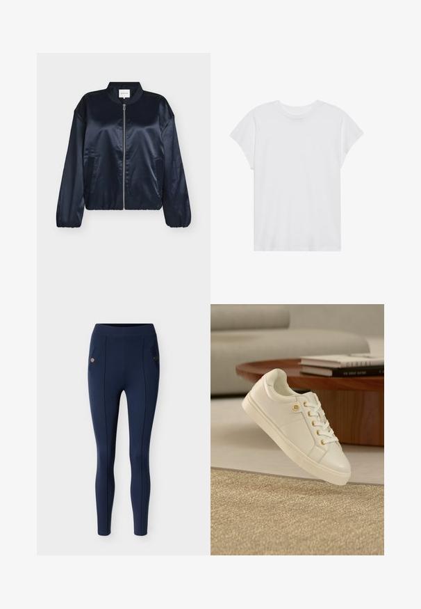 Veste bomber en satin bleu marine avec fermeture éclair, col côtelé, poignets élastiques et poches latérales. Texture lisse, coupe décontractée, sans motifs visibles.; T-shirt blanc à manches courtes, col rond, coupe décontractée, en tissu de coton doux. Texture lisse, sans motifs ni logos.; Leggings bleu marine en tissu extensible et lisse. Comprend deux poches avec des accents ronds, des coutures verticales et une taille haute.; Baskets en cuir blanc avec œillets dorés et épingle de logo, placées près d'une table ronde en bois avec des livres empilés dans un salon moderne.
