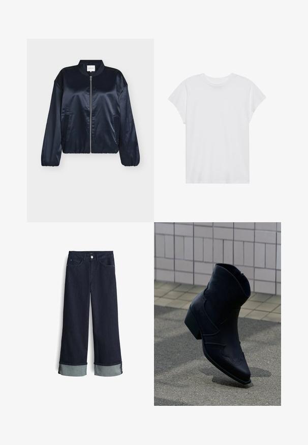 Marineblaue Satin-Bomberjacke mit Reißverschluss, geripptem Kragen, elastischen Bündchen und Seitentaschen. Glatte Textur, entspannte Passform, keine sichtbaren Muster.; Weißes kurzärmliges T-Shirt mit Rundhalsausschnitt, lockerer Passform, aus weichem Baumwollstoff. Glatte Textur, keine Muster oder Logos.; Dunkelblaue Denim-Jeans mit weitem Bein und hoher Taille, mit umgeschlagenen Säumen in einem helleren Blauton und klassischem Vier-Taschen-Design.; Schwarzer Lederknöchelstiefel mit niedrigem Absatz, dekorativen Nähten und spitzer Spitze, aufrecht auf einer gepflasterten Fläche neben einer gefliesten Wand positioniert.