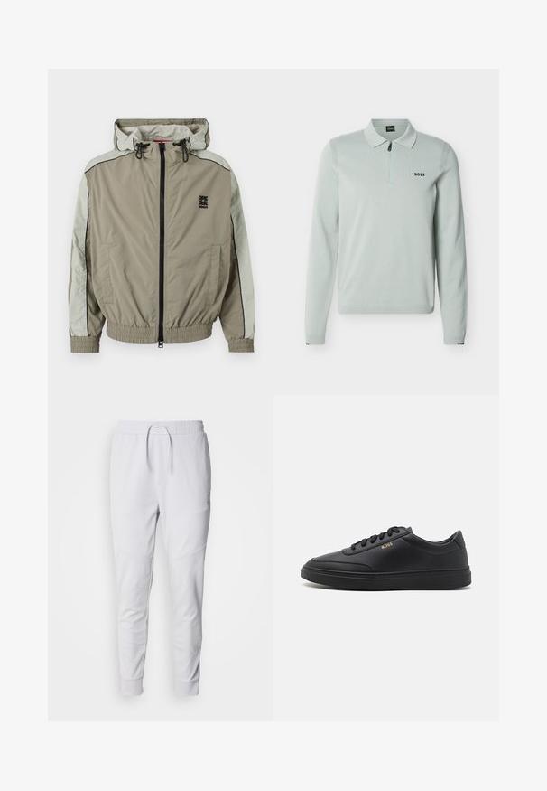 Beige und hellgraue Kapuzenjacke mit Reißverschluss, elastischen Bündchen und Saum, schwarzem Logo auf der Brust und Vorder- taschen.; Hellgraues Polohemd mit langen Ärmeln, einem Viertel-Reißverschluss, gerippten Bündchen und Saum sowie dem "BOSS"-Logo auf der linken Brust.; Weiße Jogginghosen aus weichem Stoff, mit einem elastischen Bund und Kordelzug, zwei Seitentaschen und gerippten Bündchen an den Knöcheln.; Schwarze Leder-Sneaker mit glatter Textur, runder Zehenpartie, flacher Gummisohle und einfarbigen Schnürsenkeln. Mit goldfarbenem "BOSS" Logo an der Seite.