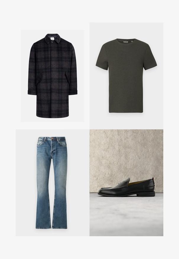 Schwarz-brauner Karo-Mantel mit kragenförmigem Hals, vorderem Knopfverschluss, zwei seitlichen Taschen und ärmellangen Ärmeln. Weicher, strukturierter Stoff.; Dunkelgrünes T-Shirt mit kurzen Ärmeln und rundem Ausschnitt, aus geripptem Material; zeichnet sich durch ein einfaches, minimalistisches Design ohne Muster aus.; Blaue Jeans aus Denim mit einem verwaschenen Effekt, geradem Bein Schnitt, Knopf- und Reißverschluss und fünf Taschen Design.; Schwarzer Herren-Slipper aus Leder mit einer krokogeprägten Vorderkappe und einem niedrigen Absatz, im Profil vor neutralem Hintergrund gezeigt.
