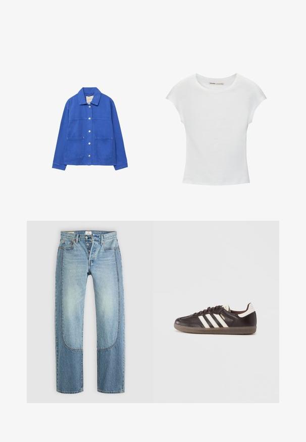 Blå denimjakke med frontknapper, to store lommer, krave og lange ærmer på en hvid baggrund.; Hvid bomuld t-shirt med korte, opsmøgede ærmer, rund halsudskæring og lige kant. Glat tekstur uden synlige mønstre eller detaljer.; Lyseblå denimjeans med en lige, løs pasform, der har kontrasterende paneldetaljer og en fem-lommer design. Knap-lukning.; Mørkebrune lædersneakers med hvidt tre-stribet design, en gummisål og "Samba" i gyldne bogstaver på siden. Klassisk lavtopform.