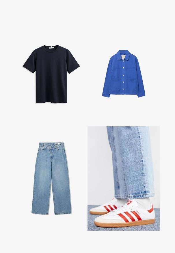 Blå denimjakke med frontknapper, to store lommer, krave og lange ærmer på en hvid baggrund.; Marineblå kortærmet T-shirt lavet af blødt bomuld, med en klassisk rund hals og en afslappet pasform, uden synlig branding eller mønstre.; Lyseblå vide denimjeans med høj talje, fem lommer, knaplukning og diskret falmning for tekstur.; Hvide lædersneakers med røde striber og accenter. Har en tekstureret gummisål og polstret krave. Bæres med lyseblå denim.