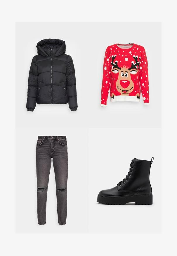 Sort pufferjakke med hætte, quiltet tekstur, lynlåsåbning og sidelommer, med et cropped design og elastiske manchetter.; Rød strikket sweater med et rensdyrdesign, snefnug og hvid kant. Rensdyret har et rundt ansigt, store øjne og sorte gevirer.; Gina Tricot LOW - Jeans Straight Leg - black denim; Sort læder ankelstøvle med en tykk, tekstureret sål, rund tå og metaløjer til snørebånd. Har en løkke bagpå.