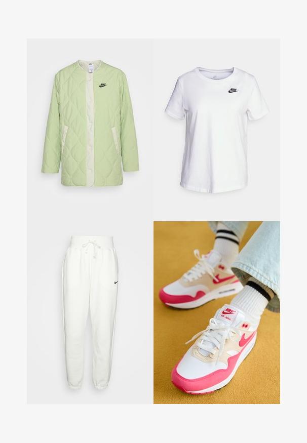 Nike Sportswear JACKET - Lühike jakk - honeydew/sea glass/black; Valge puuvillane T-särk ümmarguse kaelusega ja lühikeste varrukatega. Ülemise vasaku rinnaosa peal on must Nike'i logo.; Valged dressipüksid, mis on valmistatud pehmest kangast, elastse vöökoha ja paelaga, küljetaskud ning must Nike logo vasakul reitel.; Valged ja roosad Nike Air Max tossud, millel on beež ülaserv, tekstuuriga viimistlus, valged paelad ja nähtav õhukamber.