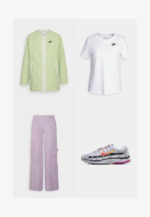 Nike Sportswear JACKET - Κοντό παλτό - honeydew/sea glass/black; Λευκή βαμβακερή μπλούζα με στρογγυλή λαιμόκοψη και κοντά μανίκια. Διαθέτει μαύρο λογότυπο Nike στην επάνω αριστερή πλευρά του στήθους.; BDG Urban Outfitters SUMMER - Παντελόνι cargo - lilac; Γκρι διχτυωτό παπούτσι τρεξίματος με χαρακτηριστική ροζ και κίτρινη λωρίδα, μαύρες λεπτομέρειες και υφασμάτινη λαστιχένια σόλα. Διαθέτει ενισχυμένη μύτη και επενδεδυμένο κολάρο.
