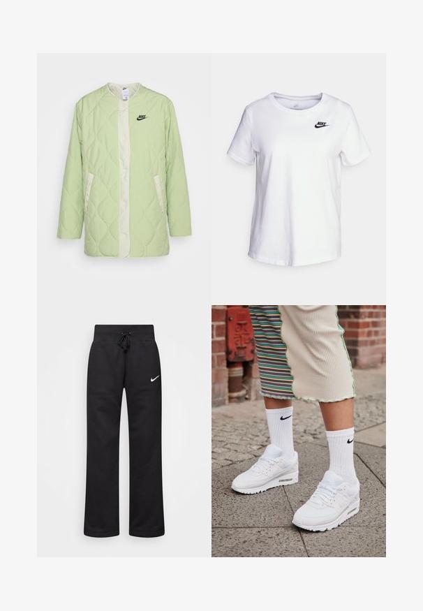 Nike Sportswear JACKET - Short coat - honeydew/sea glass/black; White cotton t-shirt with a round neckline and short sleeves. Features a black Nike logo on the upper left chest area.; Black sweatpants made of cotton blend, featuring a drawstring waistband, straight legs, and a white Nike logo on the left side.; White Nike Air Max 90 sneakers with mesh and leather upper, featuring a visible air unit, paired with white ribbed socks with black logo.