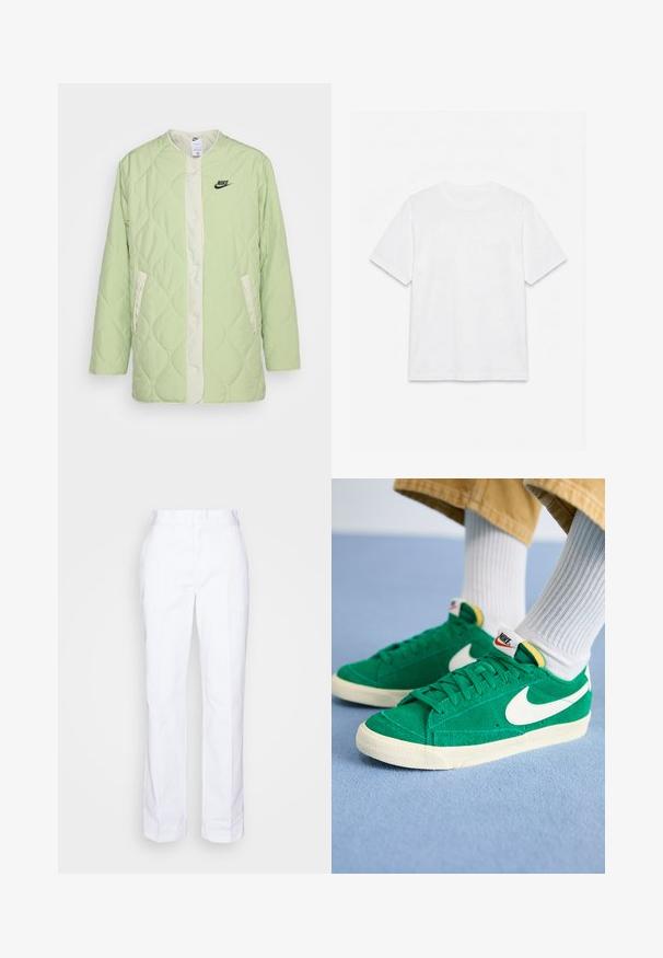 Nike Sportswear JACKET - Krátky kabát - honeydew/sea glass/black; Jednofarebné biele tričko s krátkym rukávom a okrúhlym výstrihom položené naplocho na bielom pozadí.; Biele nohavice s rovnými nohavicami vyrobené z bavlny. Majú plochý predný diel, pútka na opasok a žiadne viditeľné vrecká. Hladká textura a minimalistický dizajn.; Zelené semišové tenisky s bielym logom Nike, gumovou podrážkou a polstrovaným golierom. Textúrovaný zvršok s plochými šnúrkami a živými farebnými akcentmi.