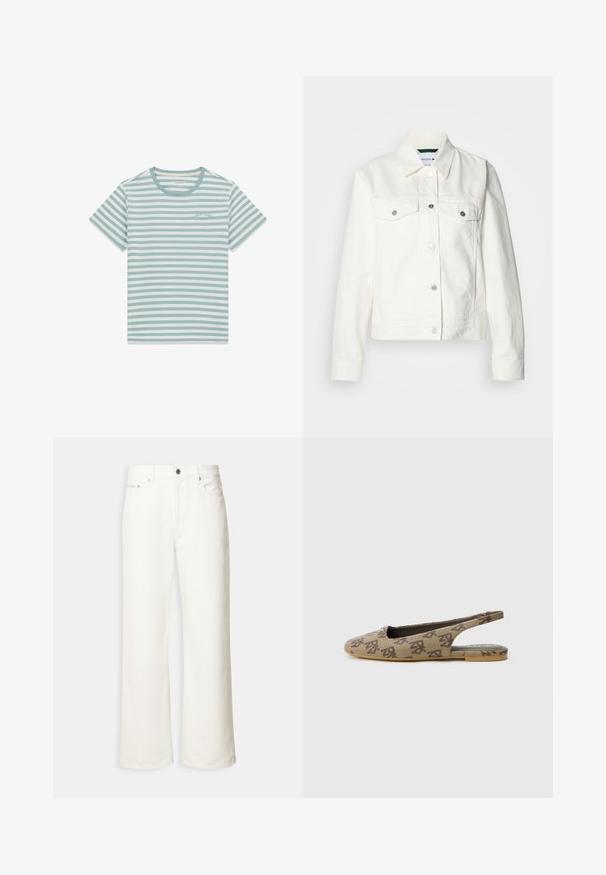 Veste en denim blanc avec un col classique, deux poches poitrine avec boutons argentés et une silhouette structurée. Texture douce.; T-shirt à manches courtes avec col rond, rayures horizontales vert clair et blanches, et petit logo "Guess Jeans" sur la poitrine.; Jean blanc à jambes larges avec boutons à l'avant, passants de ceinture et design à cinq poches.; Chaussure à bride arrière en toile beige avec un bout pointu, un motif de logo marron, un talon ouvert et une semelle plate. Tige texturée avec une semelle intérieure lisse.