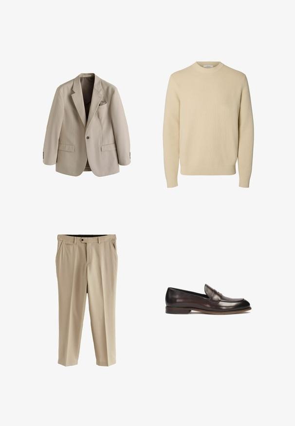 Beige herenblazer met één knoop, met een ingezette revers, twee voorzakken met klep en een borstzak met een opgevouwen zakdoek.; Effen beige ronde hals gebreide trui met lange mouwen en geribde boorden en zoom.; Beige broek van soepel materiaal, met een flat front, zijzakken en één achterzak. Standaard tailleband met een knoopsluiting.; Donkerbruine leren loafers met een ronde neus, verhoogde stiksels en een lichte hak. Gladde textuur en klassiek ontwerp.