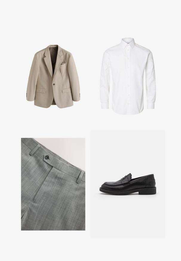 Blazer beige homme à un bouton, avec revers crantés, deux poches avant à rabat et une poche poitrine avec un mouchoir plié.; Chemise blanche à manches longues avec boutons, col pointu, boutons visibles sur le devant et poignets fermés par des boutons.; Pantalon gris clair en tissu texturé, avec une fermeture par bouton, une coupe plate à l'avant, de fines rayures discrètes et des poches latérales.; Mocassins en cuir noir avec un bout arrondi, des coutures ton sur ton et un détail de sangle à l'avant. Semelle en caoutchouc avec un petit talon.