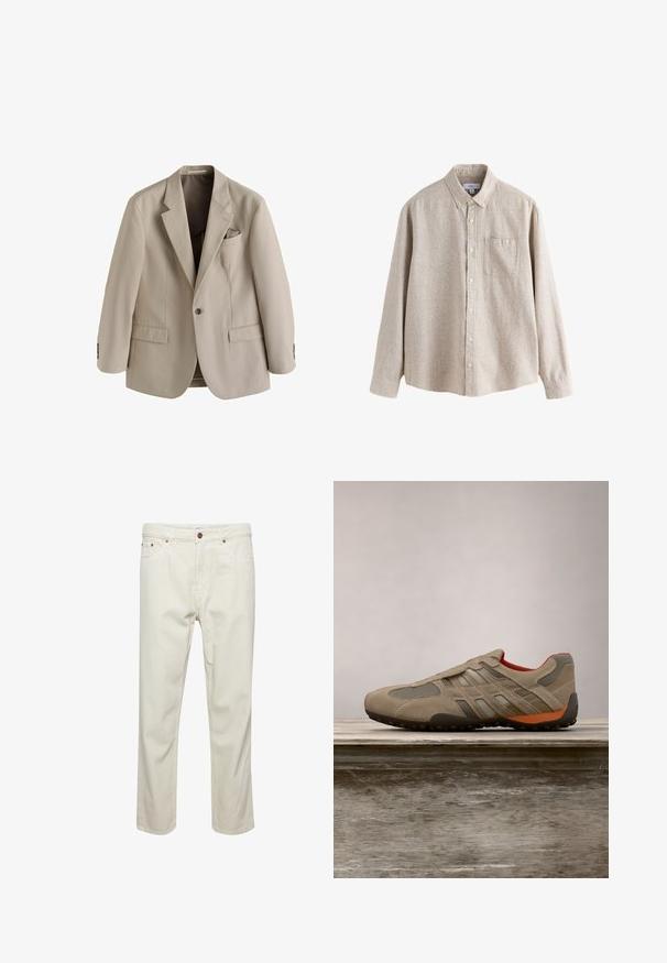Blazer beige para hombre con un solo botón, solapas con muesca, dos bolsillos delanteros con solapa y un bolsillo en el pecho con un pañuelo doblado.; Camisa beige de manga larga con botones, cuello y bolsillo en el pecho, hecha de tela texturizada, mostrada sobre un fondo blanco.; Pantalones de algodón beige con corte recto, cinco bolsillos, cierre de botón y detalles de costura sutiles. Textura uniforme sin patrones visibles.; Zapatilla beige con paneles de malla, ante texturizado y acentos grises. Presenta una suela de goma negra y un detalle naranja en el talón.