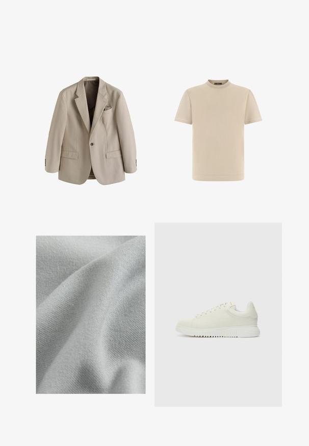 Beige herenblazer met één knoop, met een ingezette revers, twee voorzakken met klep en een borstzak met een opgevouwen zakdoek.; Beige T-shirt met korte mouwen en ronde hals, voorzien van een geribbelde kraag en zoom, getoond op een effen witte achtergrond.; Lichtgrijze stof met een zachte, soepele textuur en een subtiel breipatroon, gedrapeerd om het flexibele en vloeiende ontwerp te tonen.; Witte leren sneaker met een textuur bovenkant, ronde neus, vlakke witte zool en tonale veters. Subtiele branding op de tong.