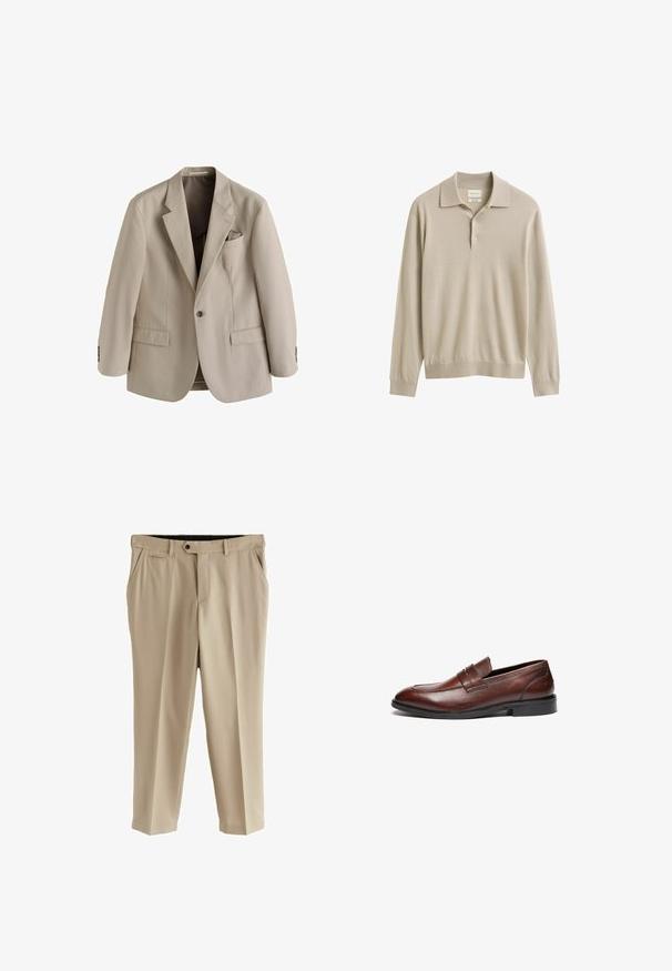 Beige enkeltknappet herreblazer med notched revers, to frontlommer med klap og en brystlomme med et foldet lommetørklæde.; Beige langærmet poloskjorte med krave og to knapper, ribstrikkede manchetter og kant, glatstrikket stof og GANT-mærkelabel indeni kraven.; Beige bukser lavet af glat stof, med flad front, sidelommer og en enkelt baglomme. Standard talje med knaplukning.; Brune læder loafers med en glat finish, rund tå, dekorativ rem og sort gummisål. Har minimal syning detaljer.