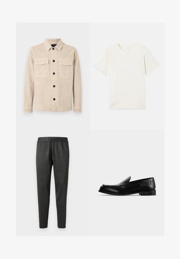 Veste beige boutonnée avec col, deux poches poitrine à rabat et deux poches latérales, réalisée dans un tissu doux.; T-shirt à manches courtes, col rond en beige clair, texture en coton doux avec une coupe décontractée et sans motifs ni accents visibles.; Pantalons de jogging gris foncé en tissu texturé, dotés d'une taille élastique et d'un cordon de serrage. Conception des jambes fuselées sans poches.; Mocassin noir en cuir à enfiler avec un petit talon, un bout arrondi et des surpiqûres décoratives le long du bord supérieur.