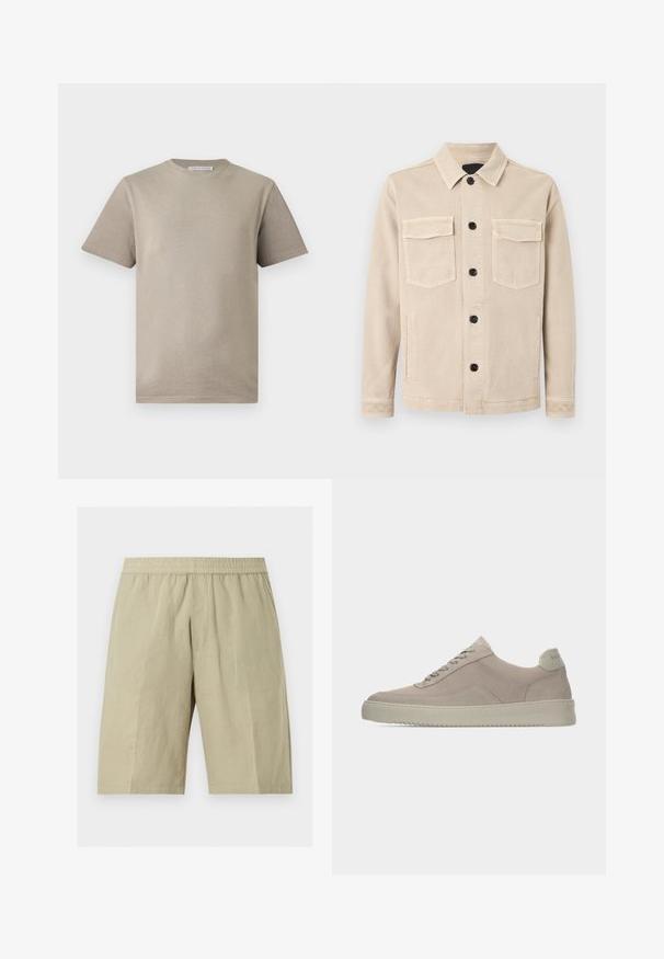 Beige button-up jacket with collar, two flap chest pockets, and two side pockets, made from a soft fabric.; Beige short-sleeve crewneck cotton t-shirt with a small label at the back neck, front-facing on a white background.; Beige knee-length shorts with an elastic waistband and side pockets, made from lightweight fabric.; Beige suede sneakers with a textured finish, rounded toe, and tonal laces. Features a thick rubber sole and subtle branding on the heel.