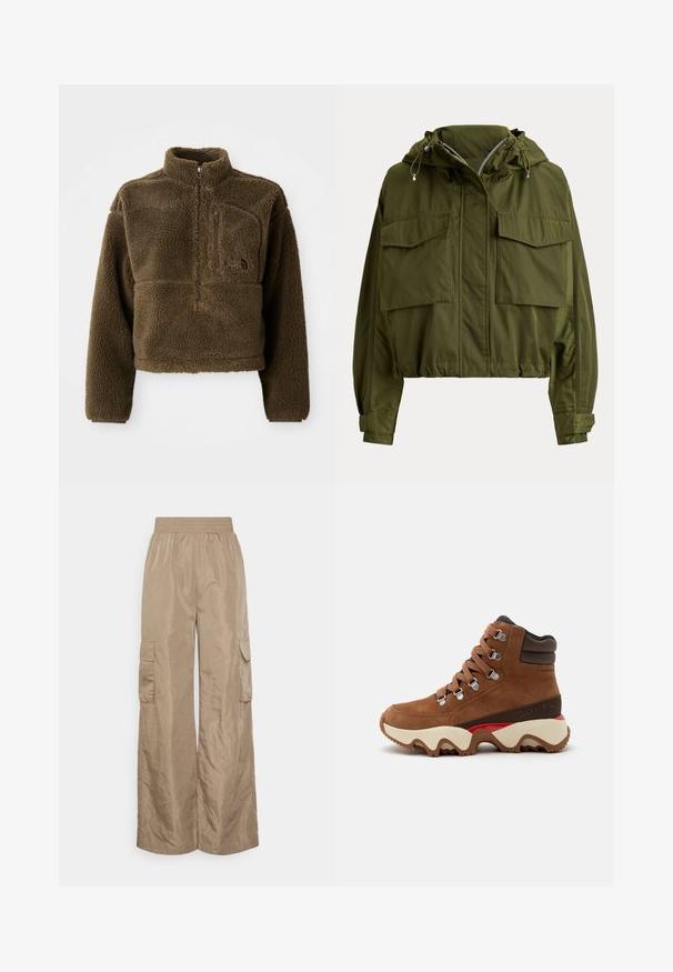 Olijfgroene korte jas met capuchon, ritssluiting vooraan, twee grote klepzakken en verstelbare manchetten, geborduurd "Polo" logo op de borst.; Bruine fleecjas met een hoge kraag, een halve rits aan de voorkant en een borstzak; heeft een gestructureerde stof en een logo op de voorkant.; Even&Odd Tall by Zalando Cargobroek - beige; Bruine suède wandelschoen met dikke witte en rode zool, gewatteerde enkelkraag, metalen oogjes en ronde veters, getoond in zijaanzicht.