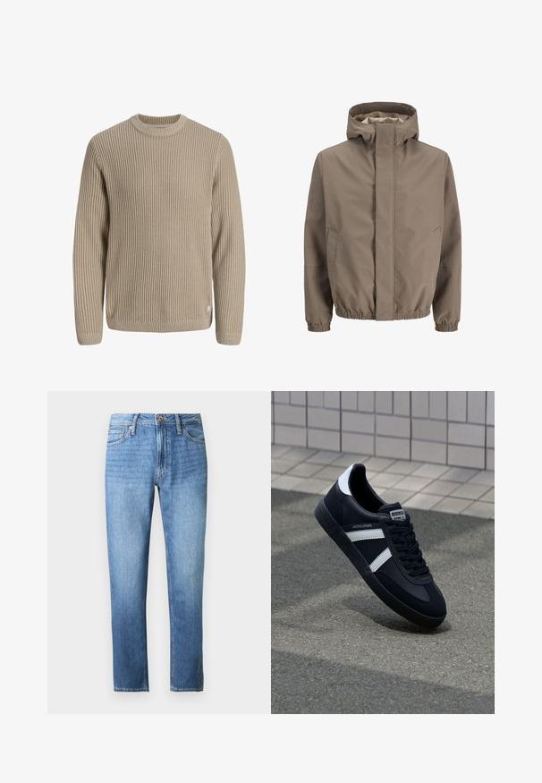 Taupe hættejakke med skjult lynlås foran, to sidelommer, elastiske manchetter og elastisk kant, designet til udendørs brug.; Beige ribstrikket sweater med lange ærmer og rund halsudskæring, vist mod en lys baggrund.; Lyseblå denimjeans med en lige pasform, fem-lomme design og en taljebånd med knap- og lynlås lukning. Glat tekstur.; Sort lædersneaker med hvide striber, tekstureret gummisål og snørrebånd foran. Har et brandet mærke på tungen.