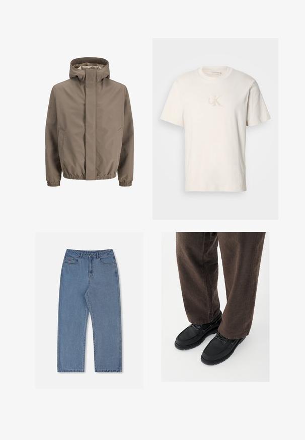 Veste à capuche taupe avec fermeture éclair frontale dissimulée, deux poches latérales, poignets élastiques et ourlet élastique, conçue pour une utilisation en extérieur.; T-shirt en coton crème à manches courtes avec le logo "CK" brodé en fil beige clair. Coupe classique avec un col rond.; Jean en denim bleu clair à coupe ample, jambes droites, cinq poches et fermeture à bouton. Présente un logo rouge discret sur la poche avant.; Chaussures en cuir noir avec une finition lisse, bout arrondi et design à lacets, associées à un pantalon marron texturé. Vue en contre-plongée.