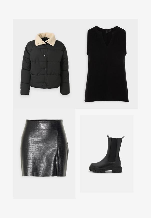 Mustan värvi puhvjakker, millel on kreemjas faux kürtse krae, nööbiga suleventiil ja tikand. Omab pikki varrukaid ja tekstuurset kangast.; Vero Moda NATALI NIA - Pluus - black; Gina Tricot Petite MOLLIE SKIRT - Miniseelik - black; Mustad mustad Chelsea saapad, millel on nahast ja elastsetest kangast valmistatud ülaosa, silmapaistva mustriga paks kummitald ja tõmblauad mugavaks selga panemiseks.