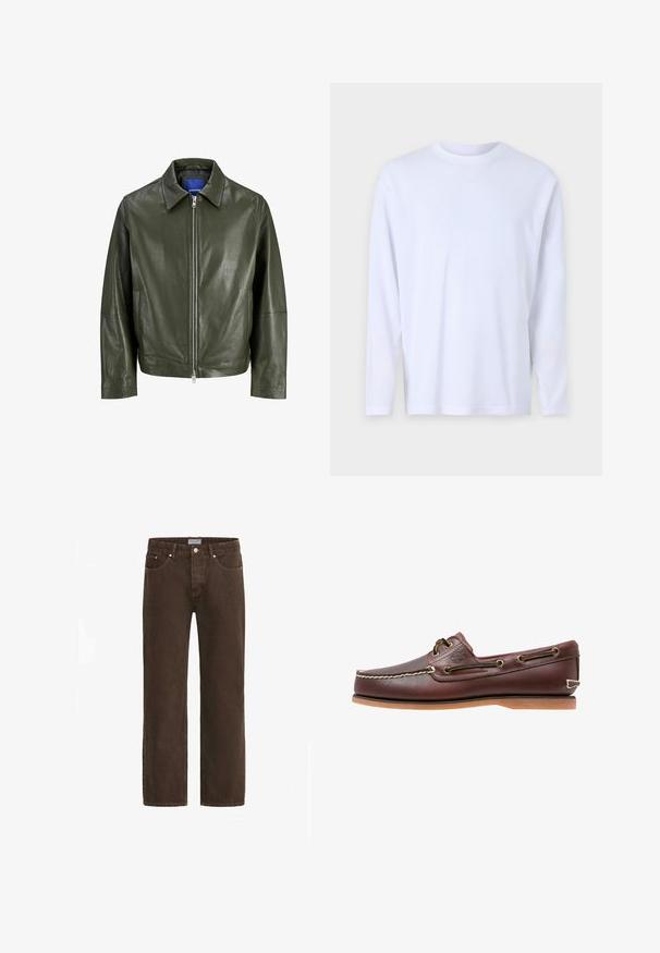 Veste en cuir vert olive avec un col pointu et une fermeture éclair à l'avant. Elle présente une texture de surface et des manches longues avec une coupe droite.; T-shirt blanc à manches longues en coton doux, avec un col rond et des détails de couture subtils sur le devant et les épaules.; Jeans en denim marron avec une coupe droite, design à cinq poches et quincaillerie en métal. Dispose d'une fermeture à bouton et d'une étiquette de taille de marque.; Chaussure bateau en cuir marron avec coutures blanches, détails de lacets et semelle en caoutchouc beige, vue de côté sur fond blanc.