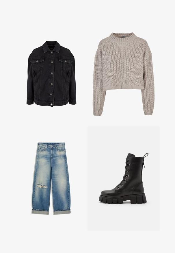 Jachetă din denim negru cu nasturi metalici în partea din față, două buzunare cu clapetă și nasturi la piept și guler clasic.; Pulover crop bej, tricotat grosier, cu mâneci lungi și guler rotund și manșete striate.; Blugi largi albastru deschis cu tiv întors și o ruptură uzată pe coapsa stângă, având buzunare frontale și bucle pentru curea.; Botină neagră din piele, cu șireturi, până la gleznă, având o talpă platformă masivă, cu ochiuri metalice și un tab ce poate fi tras pe spate din țesătură. Finisaj texturat.
