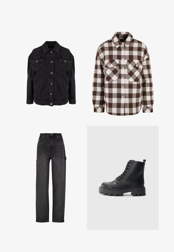 Sort denimjakke med metal knapper foran, to brystlommer med klapper og knapper samt klassisk krave.; Brun og hvid plaid knap-op skjorte med to brystlommer, der har en klassisk krave og knap-ned foran. Blød stofstruktur.; Højtaljede cargo jeans i sort denim med vid ben-design, sidelommer og subtile falmning detaljer. Holdbart stof og kontraststik.; Sort læderkampstøvle med tykk lugsål, rund tå, bagpulltab og snørebånd foran på en ensfarvet lys grå baggrund.