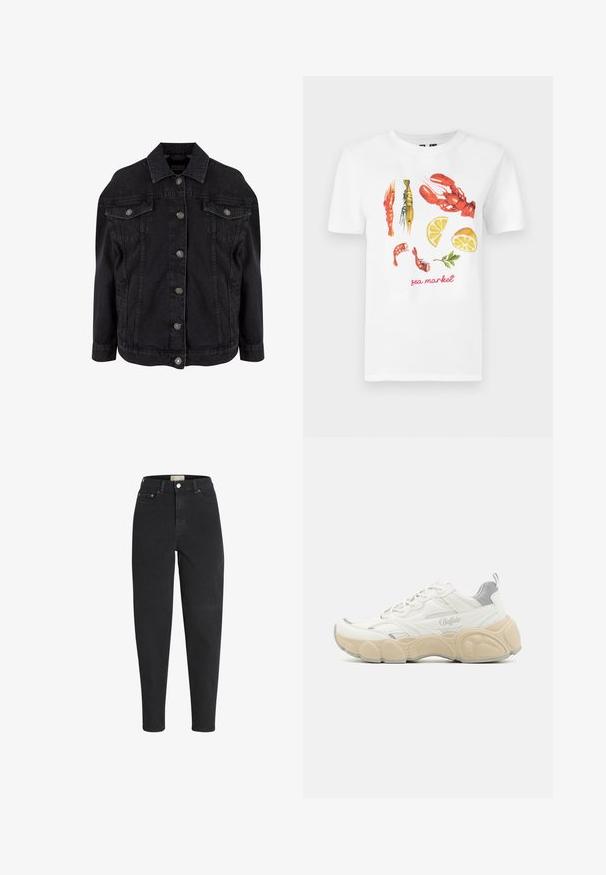 Sort denimjakke med metal knapper foran, to brystlommer med klapper og knapper samt klassisk krave.; Hvid bomulds T-shirt med et trykt design af røde hummer, rejer og citron skiver, samt teksten "sea market" i rød.; Sorte højtaljede jeans med tapered ben, lukkes foran med knap og lynlås, for- og baglommer samt detaljer med metalnitter.; Hvide sneakers med mesh og glat læderoverdel, der har en polstret krave, tekstureret gummisål og diskrete metalliske accenter.