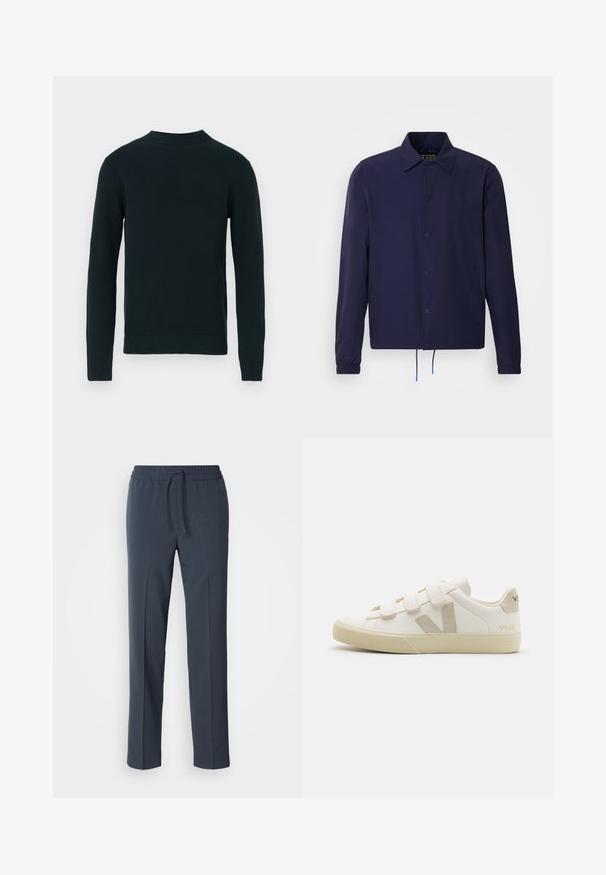 Marineblå vindjakke med krave, frontlukkede trykknapper, elastiske ærmer og justerbar kant. Har sidelommer.; Sort langærmet strikket sweater med rund halsudskæring og ribbede manchetter og kant, vist på en ensfarvet hvid baggrund.; Marineblå, letvægtsbukser med snoretræk i taljen, lige ben og en glat tekstur. Ingen mønstre eller accenter synlige.; Hvide lædersneakers med Velcro-remme, beige accenter, rund tå, tekstureret gummisål og prægede logo. Minimalistisk design.